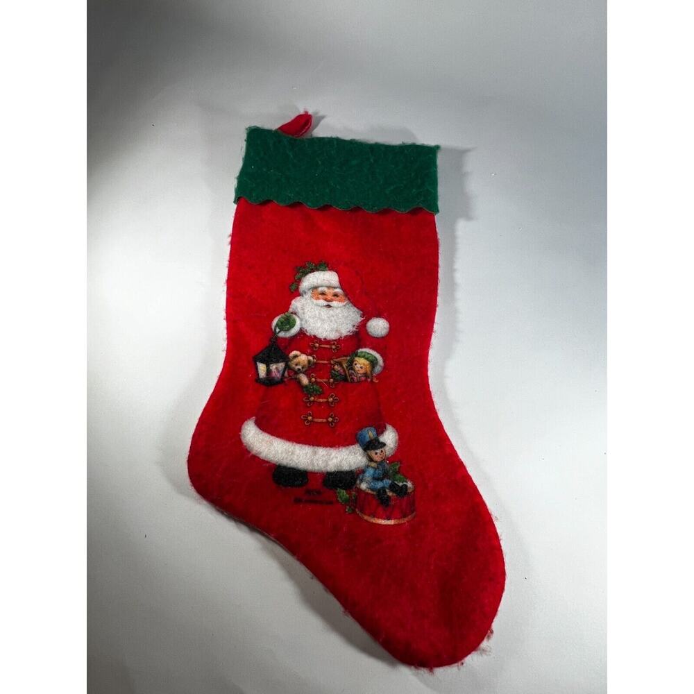 Vintage Morehead Christmas Stocking Felt Santa Claus Teddy Bear Toys Soldier Red